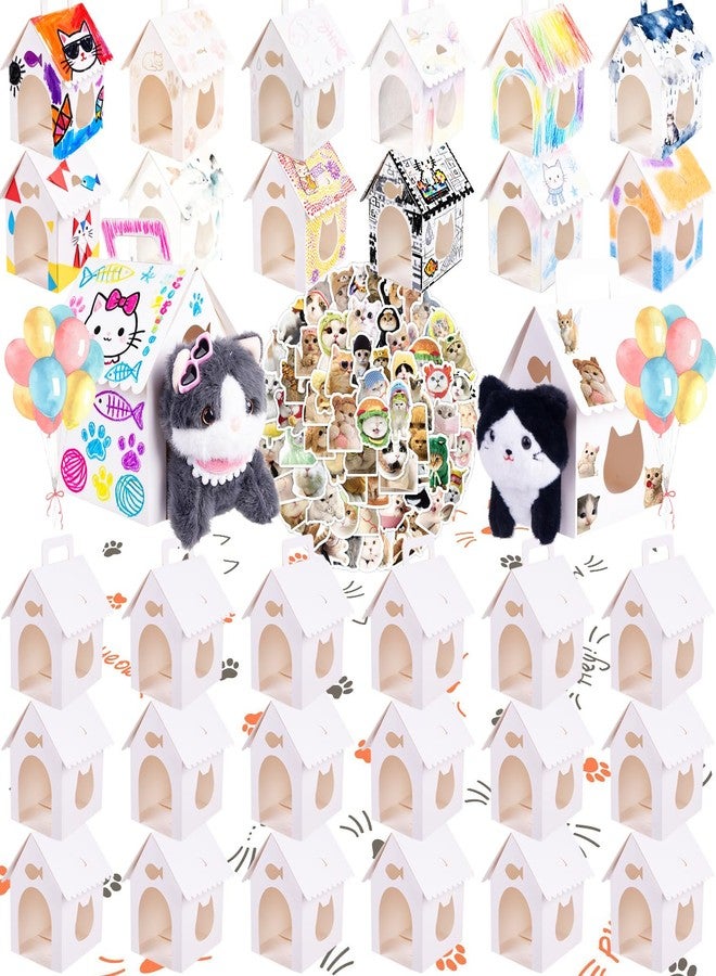 ARELUX 30 Pcs Cat House Shaped Party Favor Boxes, Foldable Pet Adoption Treat Gift Boxes with DIY Stickers - White Blank Goodie Bags for Kitten Birthday, Baby Shower & Cat Themed Events - Image 1